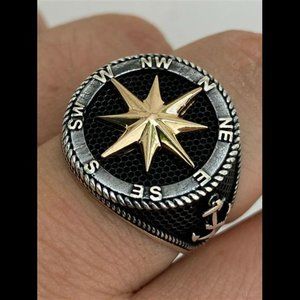 Real 14k Gold Plated Real Solid 925 Sterling Silver Anchor Sailor Compass Ring